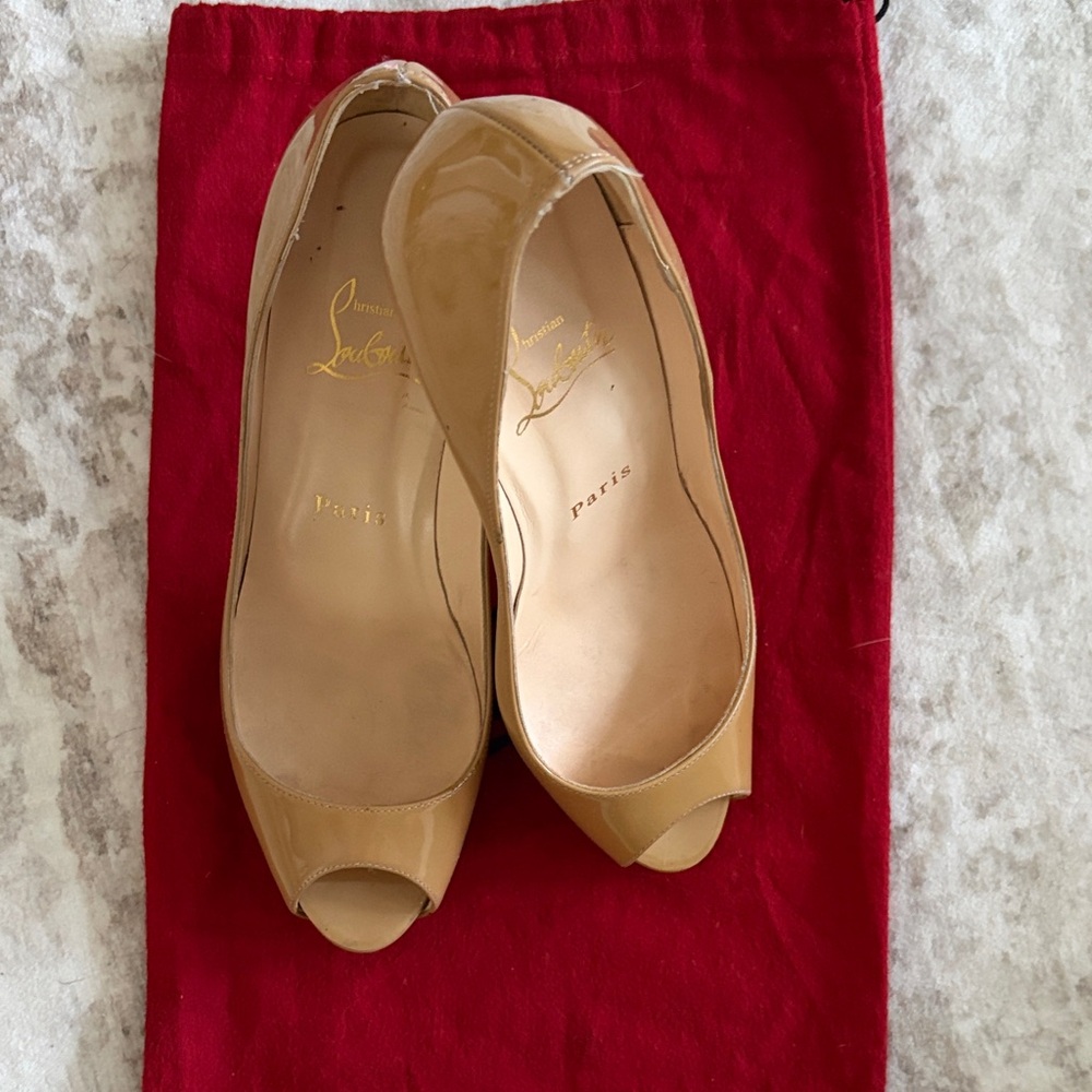 Christian Louboutin Tan Patent Leather 3” Peep-Toe Heels